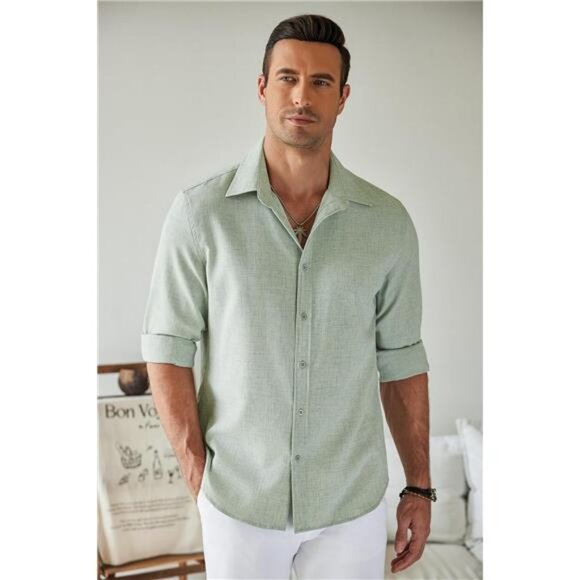 Men's Long Sleeve Button Down Linen Shirt Casual Untucked Chambray Shirt - Picture 3 of 6